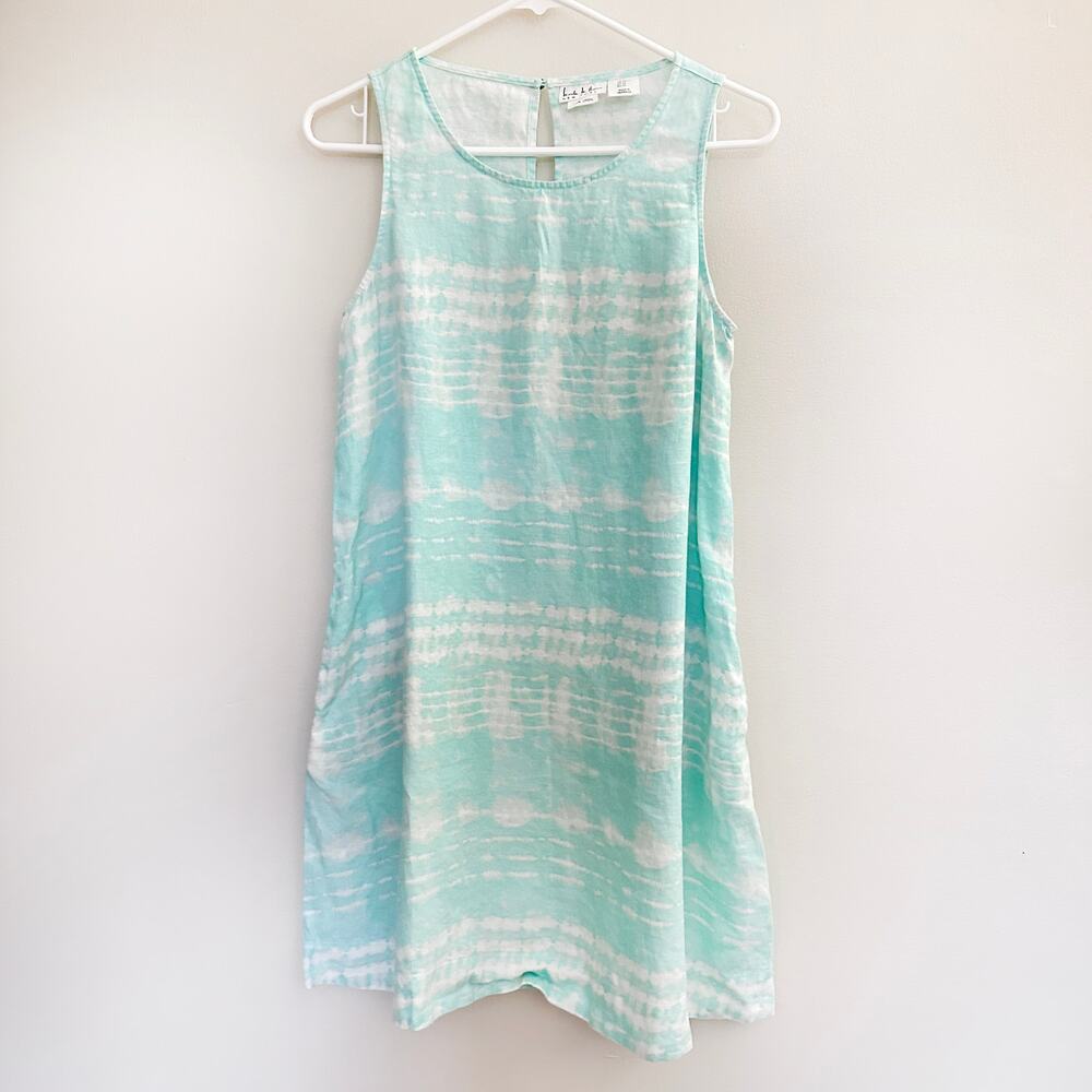 Nicole Miller New York Linen Summer Dress Knee Length Sleeveless Teal Blue XS